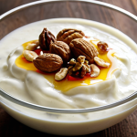 **Prompt:** A close-up shot of creamy, homemade Turkish yogurt (ev yapımı yoğurt) in a glass bowl, garnished with a drizzle of local honey (bal) and a sprinkle of walnuts (ceviz). The background should be a rustic kitchen setting with traditional Turkish ceramics. Focus on highlighting the texture and freshness. Consider using warm, inviting lighting.
