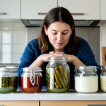 A professional home fermenter, an adult woman in modest, comfortable clothing, meticulously inspects a collection of glass fermentation jars arranged on a clean, light-colored kitchen counter. The jars contain diverse ferments such as bubbling pickles, active sourdough starter, and creamy kefir, with visible signs of healthy microbial activity like small bubbles and natural cloudiness. A small, precise digital thermometer is placed near one of the jars. The kitchen background is softly lit by indirect natural light, highlighting the serene and scientific atmosphere of the process. She holds a small, clean towel, ready for adjustments. The image conveys the careful observation and dedicated nature of home fermentation. perfect anatomy, correct proportions, natural pose, well-formed hands, proper finger count, natural body proportions, safe for work, appropriate content, fully clothed, professional, high quality, detailed, realistic photography.