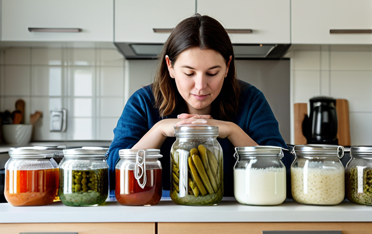 A professional home fermenter, an adult woman in modest, comfortable clothing, meticulously inspects a collection of glass fermentation jars arranged on a clean, light-colored kitchen counter. The jars contain diverse ferments such as bubbling pickles, active sourdough starter, and creamy kefir, with visible signs of healthy microbial activity like small bubbles and natural cloudiness. A small, precise digital thermometer is placed near one of the jars. The kitchen background is softly lit by indirect natural light, highlighting the serene and scientific atmosphere of the process. She holds a small, clean towel, ready for adjustments. The image conveys the careful observation and dedicated nature of home fermentation. perfect anatomy, correct proportions, natural pose, well-formed hands, proper finger count, natural body proportions, safe for work, appropriate content, fully clothed, professional, high quality, detailed, realistic photography.