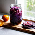 A stunning, professional food photography shot showcasing a variety of vibrant fermented foods. The centerpiece is a clear glass jar filled with rich purple cabbage pickles, next to a ceramic bowl of bright reddish-orange kimchi. A tall, sparkling glass of golden kombucha, subtly effervescent and garnished with a few fresh pomegranate seeds, sits on a rustic wooden cutting board, which also holds slices of artisanal sourdough bread with a perfect crust and open crumb. The scene is bathed in soft, natural daylight streaming from a nearby window, creating beautiful highlights and emphasizing the textures. The background is clean and minimalistic, allowing the food to be the focal point. This image is safe for work, appropriate content, and family-friendly.