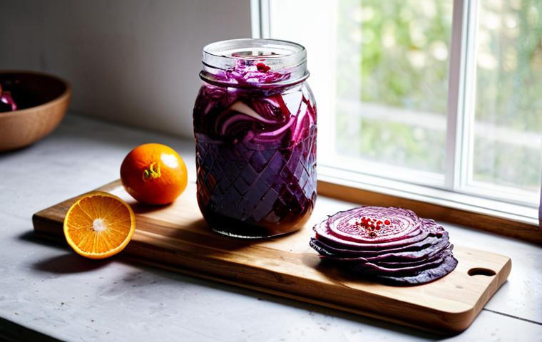 A stunning, professional food photography shot showcasing a variety of vibrant fermented foods. The centerpiece is a clear glass jar filled with rich purple cabbage pickles, next to a ceramic bowl of bright reddish-orange kimchi. A tall, sparkling glass of golden kombucha, subtly effervescent and garnished with a few fresh pomegranate seeds, sits on a rustic wooden cutting board, which also holds slices of artisanal sourdough bread with a perfect crust and open crumb. The scene is bathed in soft, natural daylight streaming from a nearby window, creating beautiful highlights and emphasizing the textures. The background is clean and minimalistic, allowing the food to be the focal point. This image is safe for work, appropriate content, and family-friendly.