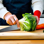A professional's hands, wearing modest long sleeves, are meticulously slicing fresh, vibrant green cabbage and orange carrots on a clean wooden cutting board. The scene is set in a pristine, well-lit home kitchen, with gleaming stainless steel kitchenware and sparkling clean glass fermentation jars visible in the background. The atmosphere conveys a sense of precision, hygiene, and the artisanal craft of food preparation. Professional photography, high resolution, soft natural lighting, correct proportions, well-formed hands, proper finger count, natural body proportions, safe for work, appropriate content, fully clothed, modest clothing, family-friendly.