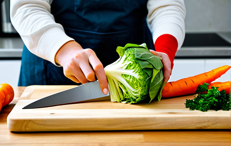 A professional's hands, wearing modest long sleeves, are meticulously slicing fresh, vibrant green cabbage and orange carrots on a clean wooden cutting board. The scene is set in a pristine, well-lit home kitchen, with gleaming stainless steel kitchenware and sparkling clean glass fermentation jars visible in the background. The atmosphere conveys a sense of precision, hygiene, and the artisanal craft of food preparation. Professional photography, high resolution, soft natural lighting, correct proportions, well-formed hands, proper finger count, natural body proportions, safe for work, appropriate content, fully clothed, modest clothing, family-friendly.