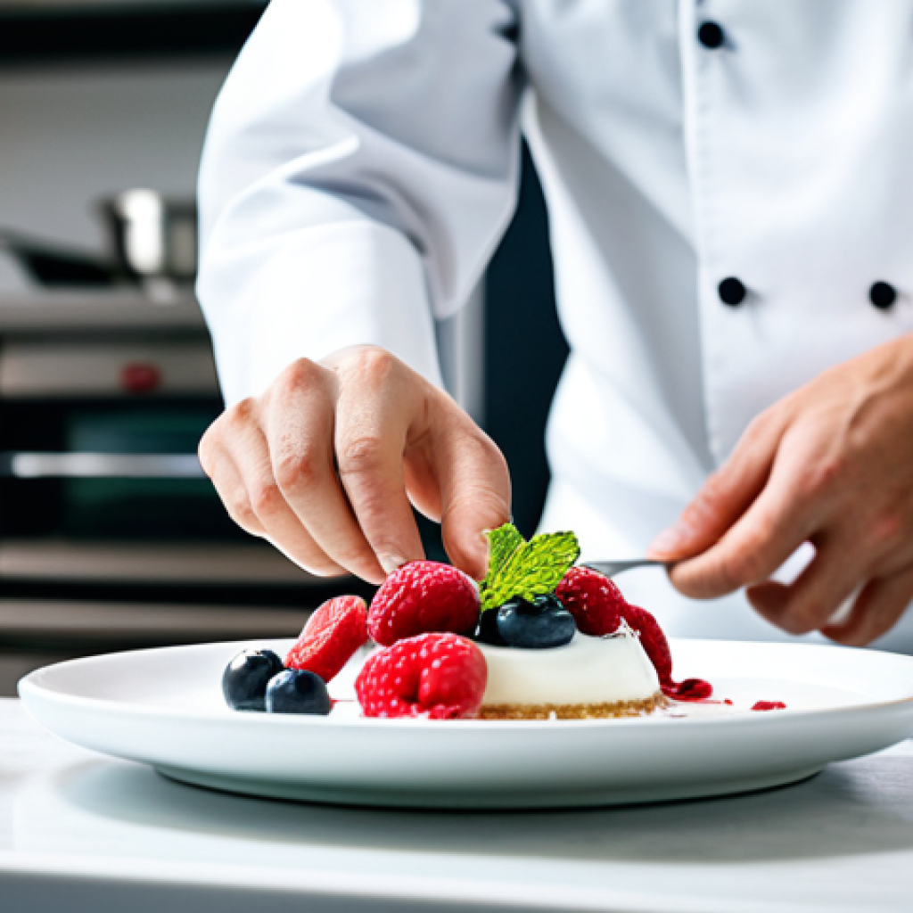 A professional chef, fully clothed in a clean, modest chef's uniform, meticulously placing a beautifully plated fermented yogurt and berry parfait onto a white serving dish. The setting is a modern, well-lit professional kitchen with subtle background blur, emphasizing cleanliness and precision. The chef exhibits perfect anatomy, correct proportions, well-formed hands, and a proper finger count, captured in a natural pose. This image conveys elegance and culinary artistry, safe for work, appropriate content, family-friendly, professional photography, high quality, studio lighting, sharp focus.
