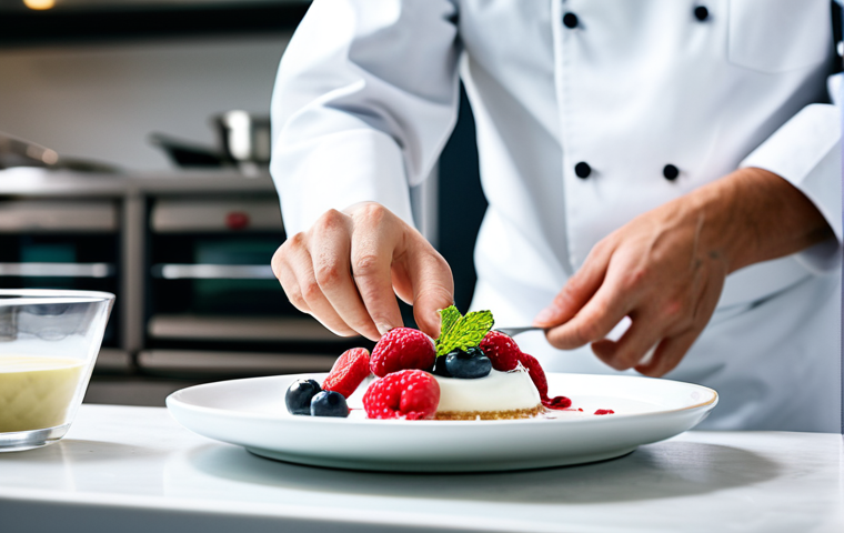 A professional chef, fully clothed in a clean, modest chef's uniform, meticulously placing a beautifully plated fermented yogurt and berry parfait onto a white serving dish. The setting is a modern, well-lit professional kitchen with subtle background blur, emphasizing cleanliness and precision. The chef exhibits perfect anatomy, correct proportions, well-formed hands, and a proper finger count, captured in a natural pose. This image conveys elegance and culinary artistry, safe for work, appropriate content, family-friendly, professional photography, high quality, studio lighting, sharp focus.