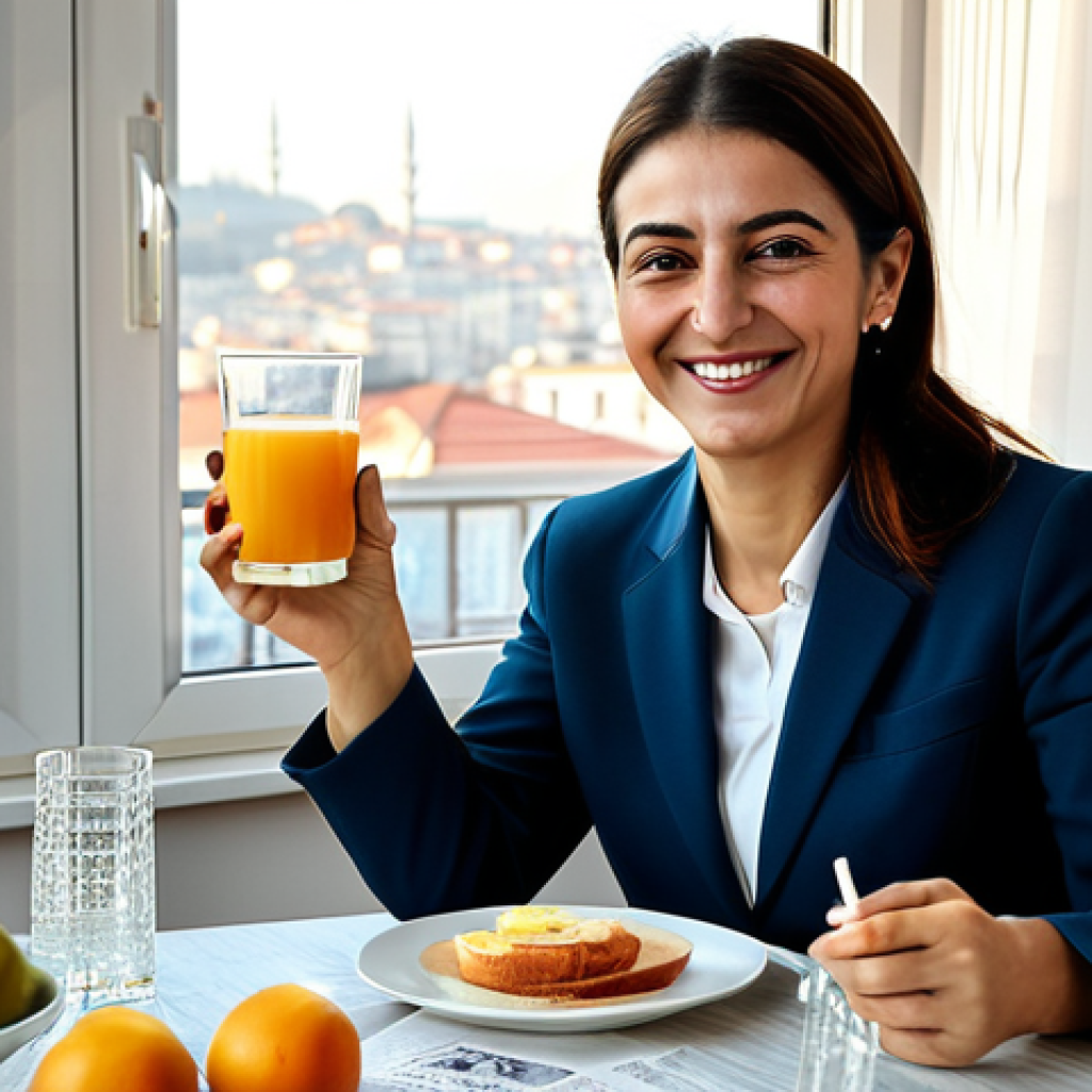 Modern Turkish Woman and Kefir Ritual**
"A professional Turkish woman in her 30s, fully clothed in modest, stylish office attire, sitting at a breakfast table in a bright, modern Istanbul apartment. She is smiling and holding a glass of kefir. Sunlight streams through the window. On the table are fresh fruits and a Turkish newspaper. Safe for work, appropriate content, perfect anatomy, natural pose, professional photography, high quality."
**