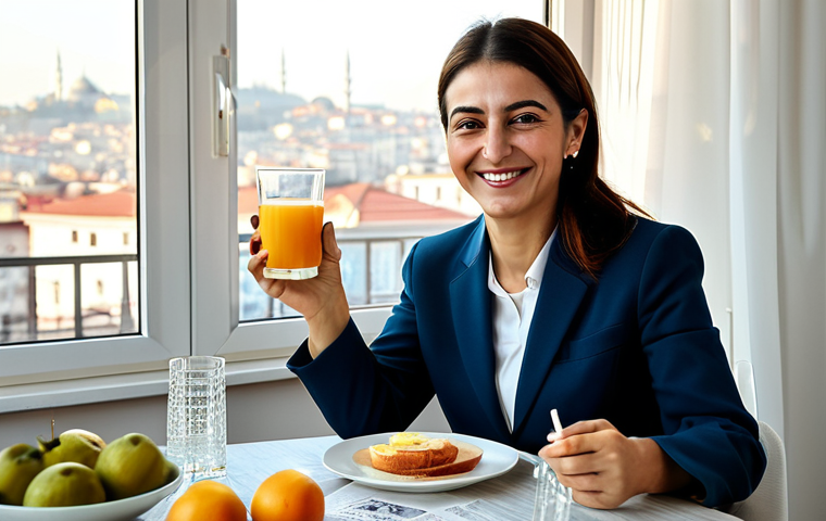 Modern Turkish Woman and Kefir Ritual**
"A professional Turkish woman in her 30s, fully clothed in modest, stylish office attire, sitting at a breakfast table in a bright, modern Istanbul apartment. She is smiling and holding a glass of kefir. Sunlight streams through the window. On the table are fresh fruits and a Turkish newspaper. Safe for work, appropriate content, perfect anatomy, natural pose, professional photography, high quality."
**