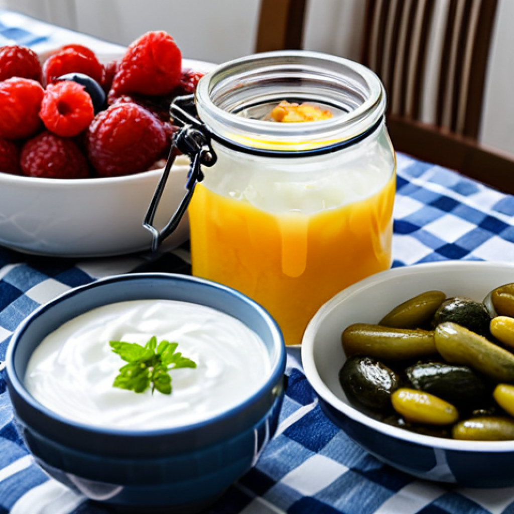 **
A vibrant and inviting Turkish breakfast scene. On the table, there is a bowl of homemade yogurt (yoğurt) with fresh berries and honey drizzled on top. A side dish of mixed pickles (turşu) in a glass jar is also visible. In the background, a pitcher of ayran sits on a checkered tablecloth. The scene is lit with warm, natural light, creating a cozy and healthy atmosphere. Fully clothed, appropriate content, safe for work, perfect anatomy, natural proportions, professional food photography, high quality, family-friendly.
**