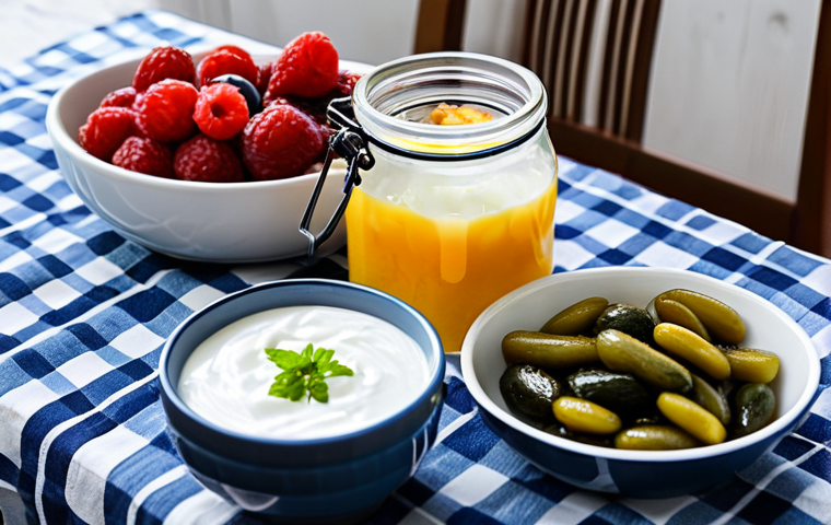 **
A vibrant and inviting Turkish breakfast scene. On the table, there is a bowl of homemade yogurt (yoğurt) with fresh berries and honey drizzled on top. A side dish of mixed pickles (turşu) in a glass jar is also visible. In the background, a pitcher of ayran sits on a checkered tablecloth. The scene is lit with warm, natural light, creating a cozy and healthy atmosphere. Fully clothed, appropriate content, safe for work, perfect anatomy, natural proportions, professional food photography, high quality, family-friendly.
**