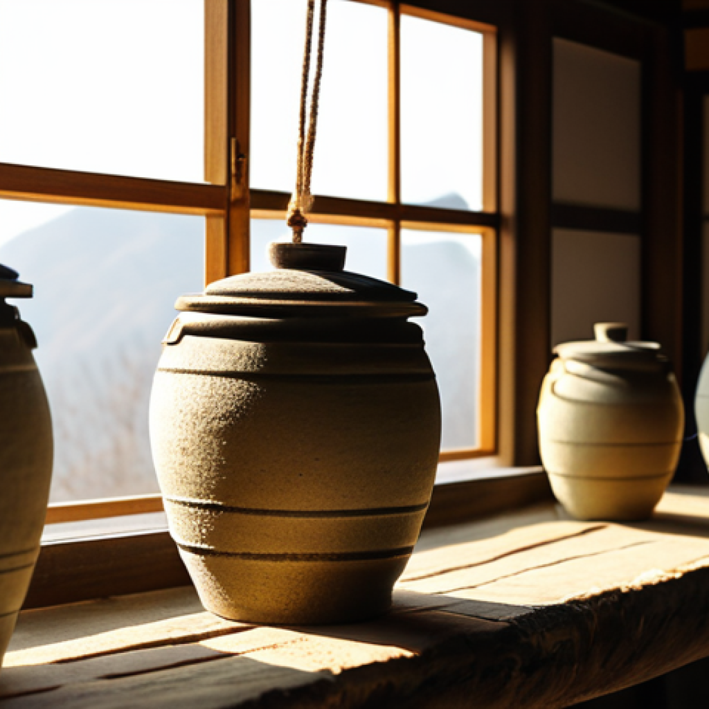 한국 전통 발효식품 된장 만드는 법 - A close-up, warm, and rustic shot of traditional Korean Meju (fermented soybean blocks) hanging to d...