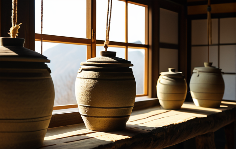 한국 전통 발효식품 된장 만드는 법 - A close-up, warm, and rustic shot of traditional Korean Meju (fermented soybean blocks) hanging to d...