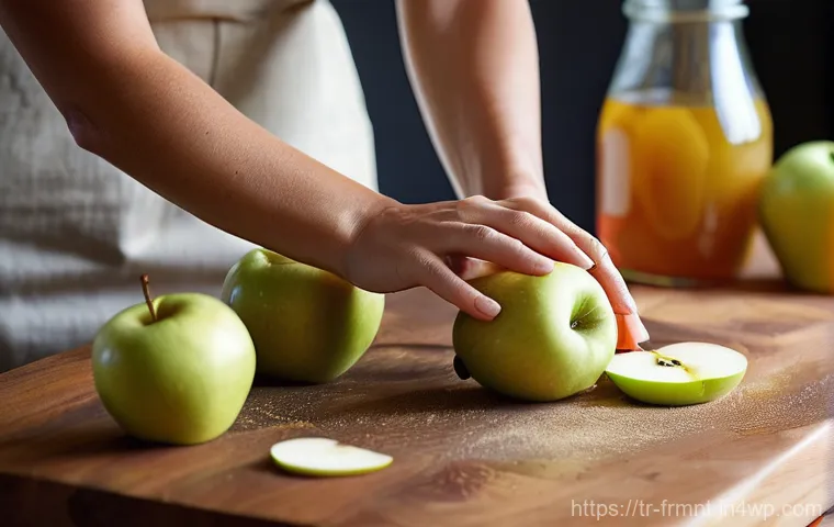 발효 식초 만들기 사과식초 레시피 - **Prompt 1: The Artisan's First Batch of Apple Cider Vinegar**
A close-up shot of an adult's han...