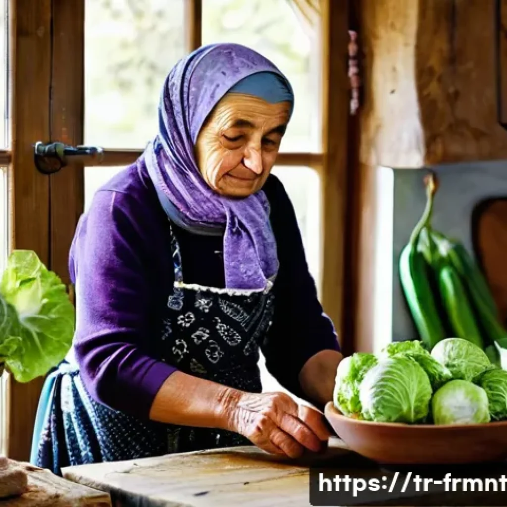 발효식품에 대한 오해와 진실 - **Prompt:** A heartwarming scene in a rustic, clean Turkish kitchen. An elderly Turkish grandmother,...