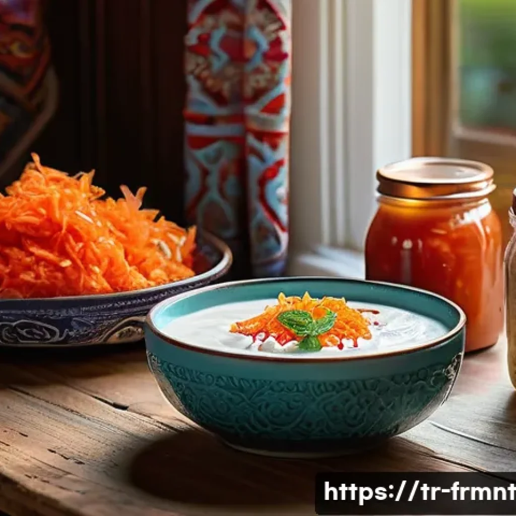 발효식품의 영양소 파헤치기 - A vibrant and detailed kitchen scene featuring traditional Turkish fermented foods arranged artfully...