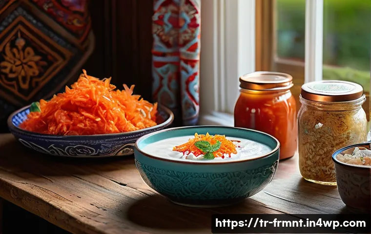 발효식품의 영양소 파헤치기 - A vibrant and detailed kitchen scene featuring traditional Turkish fermented foods arranged artfully...