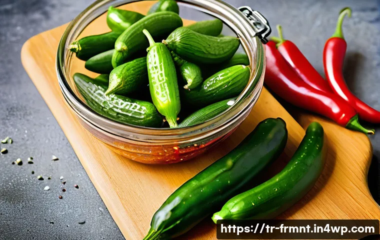 매콤한 발효 오이 피클 만드는 법 - A rustic kitchen scene featuring freshly washed, small and firm cucumbers with natural waxy skin, so...