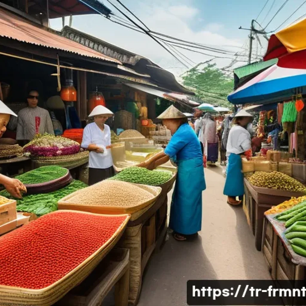 아시아 각국의 발효식품 소개 - A vibrant Southeast Asian market scene showcasing a variety of fermented foods such as fish sauce bo...
