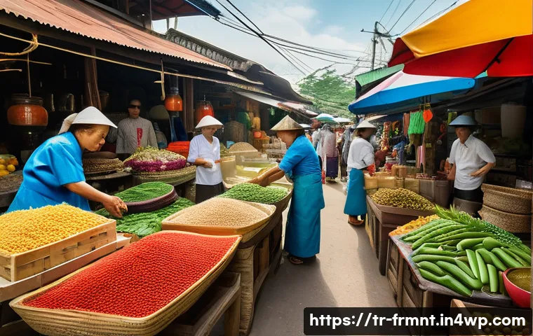 아시아 각국의 발효식품 소개 - A vibrant Southeast Asian market scene showcasing a variety of fermented foods such as fish sauce bo...