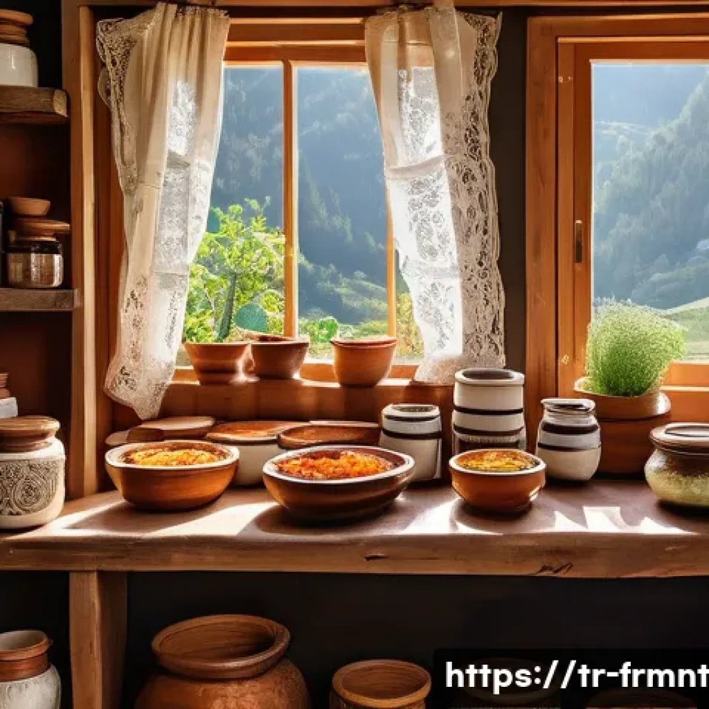 발효식품의 미래 혁신과 변화 - A cozy Turkish kitchen scene showcasing traditional fermented foods such as homemade yogurt in a cla...