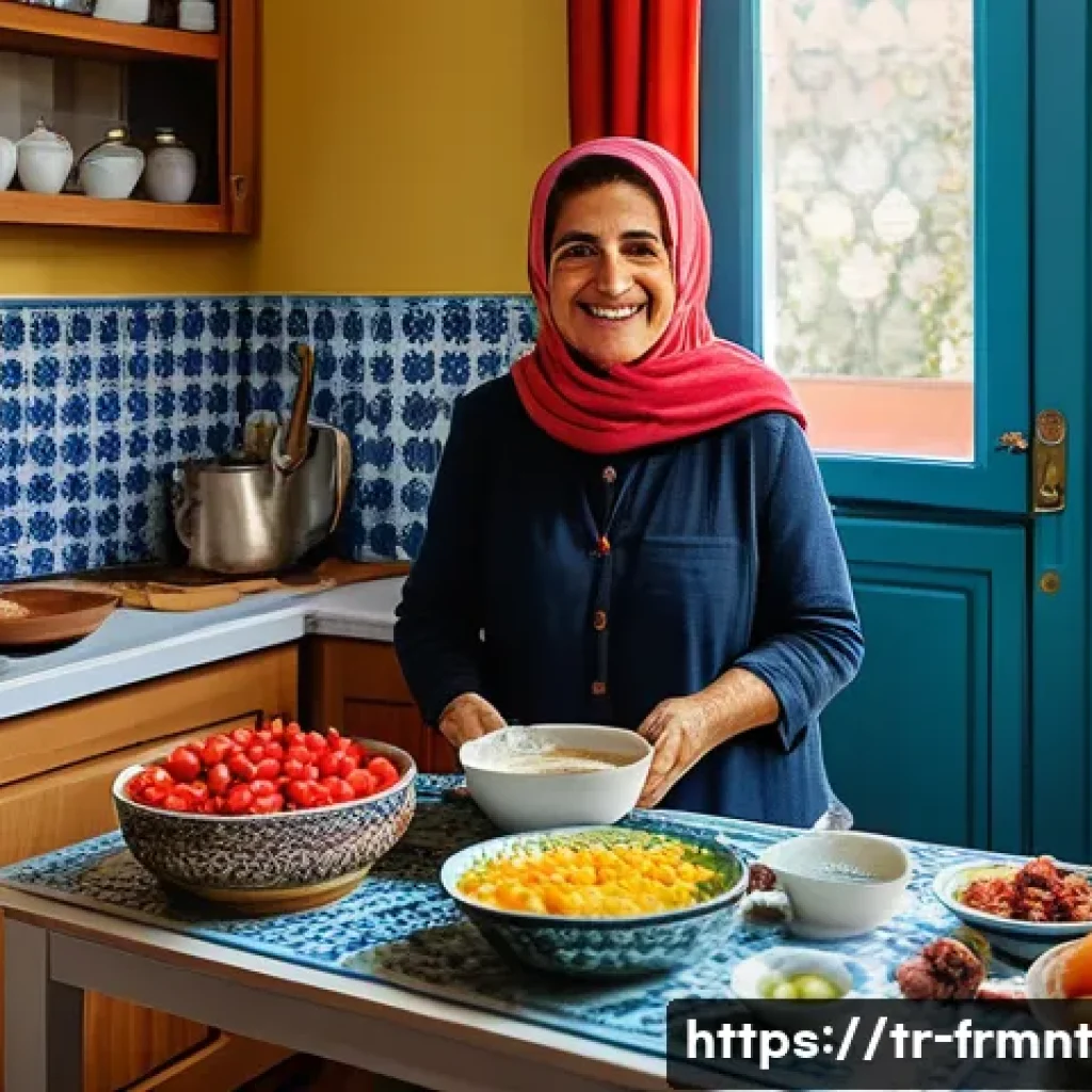 발효식품을 이용한 다이어트 성공 사례 - A vibrant and cozy Turkish kitchen scene featuring a middle-aged woman in modest, casual clothing pr...