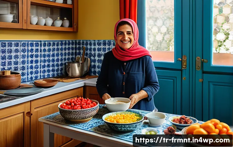 발효식품을 이용한 다이어트 성공 사례 - A vibrant and cozy Turkish kitchen scene featuring a middle-aged woman in modest, casual clothing pr...