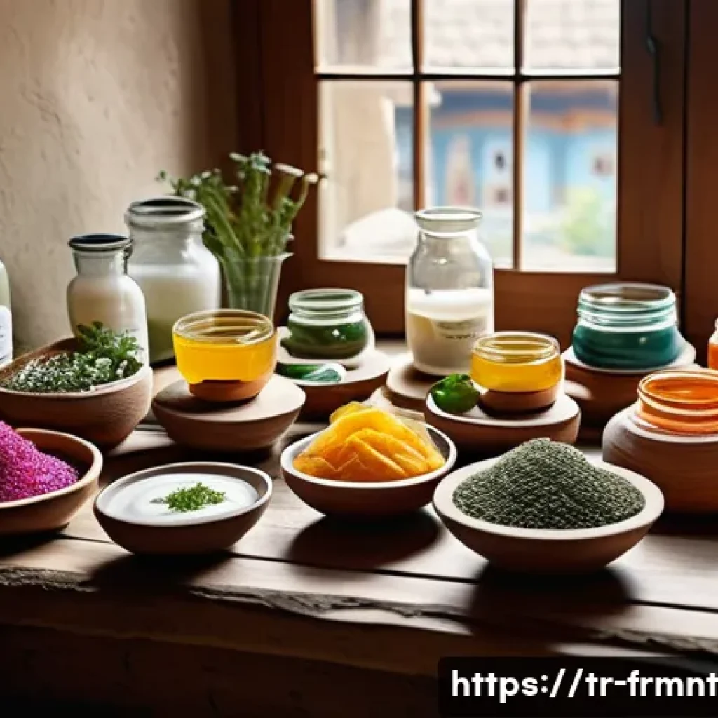 발효식품의 상업적 가치와 마케팅 전략 - A vibrant Turkish kitchen scene showcasing traditional and modern fermented foods: a rustic wooden t...