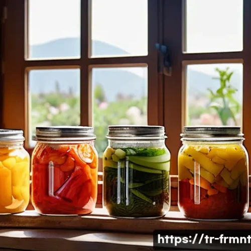 Home 32 발효식품의 역사와 문화적 의미 - A vibrant Turkish kitchen scene featuring a rustic wooden table laden with homemade fermented foods:...