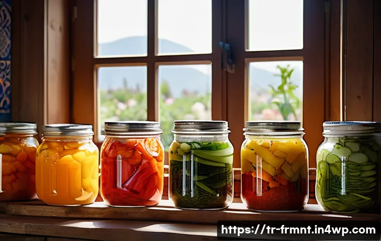 발효식품의 역사와 문화적 의미 - A vibrant Turkish kitchen scene featuring a rustic wooden table laden with homemade fermented foods:...