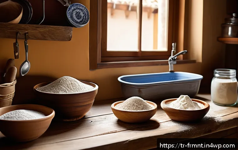 천연 발효빵 만들기 비법 공개 - A cozy Turkish kitchen scene showcasing the process of making sourdough bread with natural starter: ...