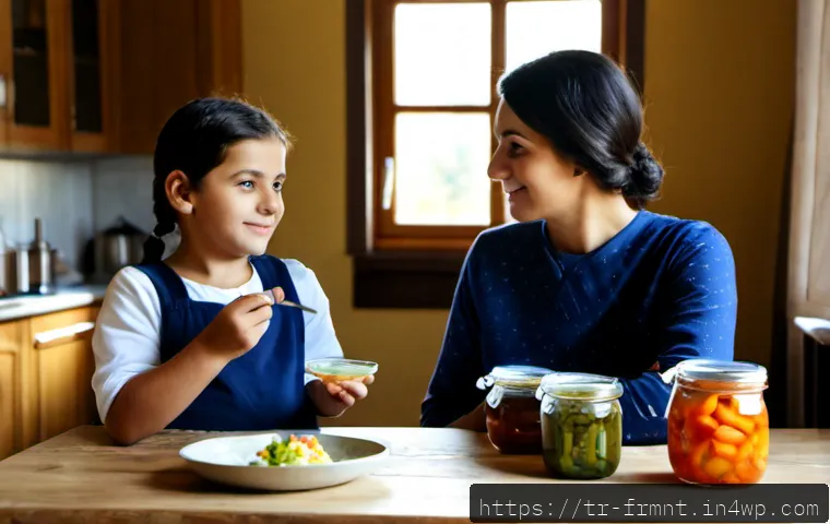 Home 17 발효식품의 가정 내 교육적 가치 - Photorealistic Turkish family kitchen lesson about fermented foods, a mother and two school-age chil...