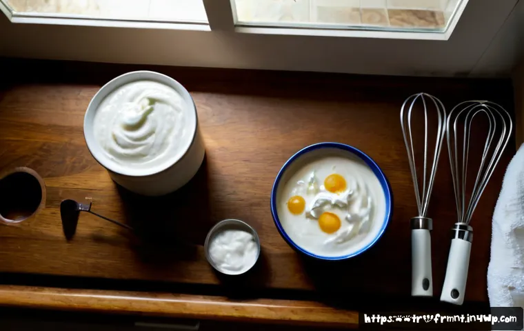 Home 17 수제 요구르트에 필요한 재료와 방법 - Photorealistic overhead kitchen scene showing homemade yogurt ingredients neatly arranged on a warm ...